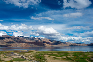 Ladakh, India - Jul 30 2019 - Tso Moriri Lake in Changthang Plateau, Ladakh, Jammu and Kashmir, India. It is part of Ramsar Convention - Tsomoriri.