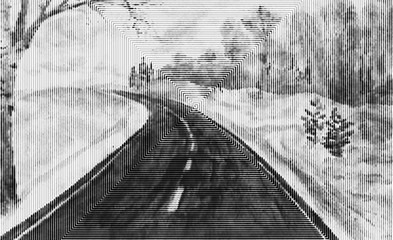 Black white landscape. Asphalt road leading to the church. Ink drawing converted to vector