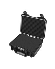 Open black plastic case with foam inside. Black plastic hard case for transporting and storing...