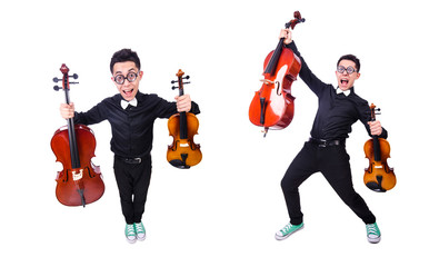 Funny man with violin on white