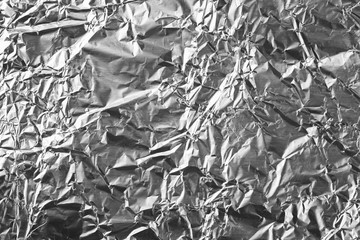 Crumpled silver aluminum foil background, abstract texture