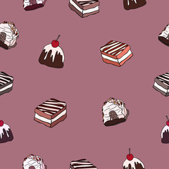 Sweet bakery on pink background. Seamless delicious pattern. Chocolate cupcake with cherry, cake with cream and caramel.