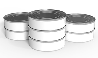 Tin can batch. Food container mockup. Blank laber metal package template. 3d illustration