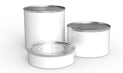 Tin can batch. Different size food containers mockup. Blank laber metal package template. 3d illustration