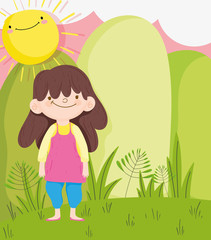 happy children day, little girl in the meadow sun cartoon