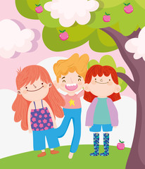 happy children day, little boy and girls with fruits trees outdoor