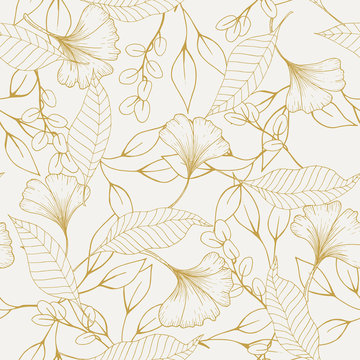 Botanical vector illustration of painted small floral template and outline drawing elements. Rustic vintage green leaves and pink hand sketched flowers seamless pattern on white background.