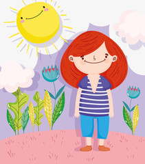Obraz na płótnie Canvas happy children day, little boy standing in the grass with flowers sun cartoon