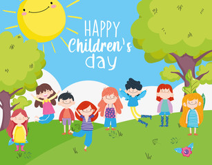 Fototapeta na wymiar happy children day, group little kids celebration park
