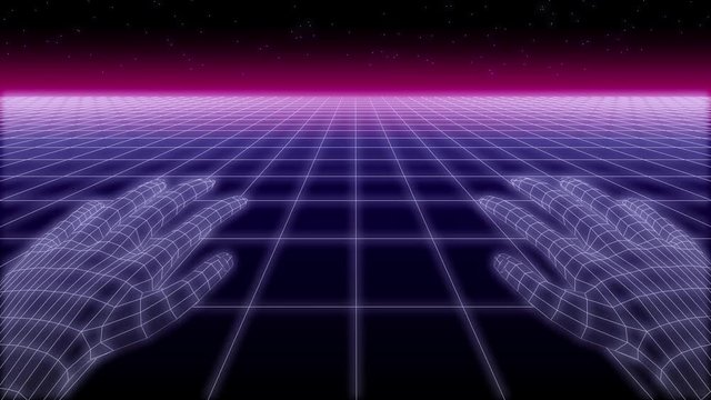synthwave net and hands Retro Background 3d render