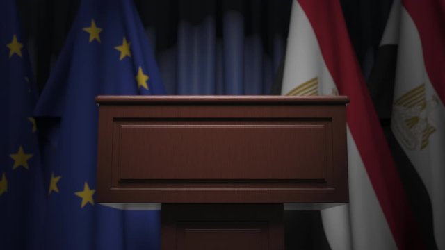 Flags of Egypt and the European Union and tribune, 3D animation