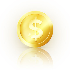 Golden Coin. Glossy metallic money. Business symbol of money. One gold coin. Vector