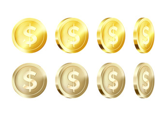 Rotation metallic gold coin template. Golden dollar icon. Business symbol of money. Vector illustration