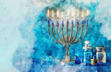 religiob watercolor style and abstract image of jewish holiday Hanukkah with menorah (traditional...