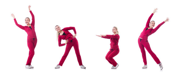 Young woman doing exercises on white