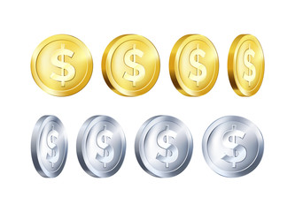 Rotation metallic gold and silver coin template. Golden and Silver dollar icon. Business symbol of money. Vector illustration isolated on white background