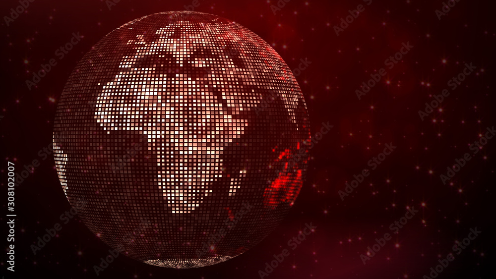 Poster abstract square shines dotted globe earth world map side of of africa and europe on red shiny sparkl