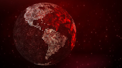Fototapeta na wymiar Abstract Square Shines Dotted Globe Earth World Map Side Of The North And South America On Red Shiny Sparkles Stars And Bokeh