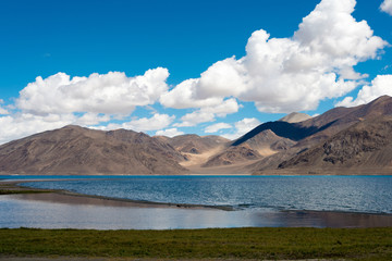 Ladakh, India - Aug 05 2019 - Pangong Lake view from Between Spangmik and Maan in Ladakh, Jammu and Kashmir, India. The Lake is an endorheic lake in the Himalayas situated at a height of about 4350m.