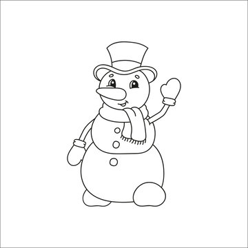 Snowman in a hat. Coloring book for kids. Cheerful character. Vector illustration. Cute cartoon style. Fantasy page for children. Black contour silhouette. Isolated on white background.