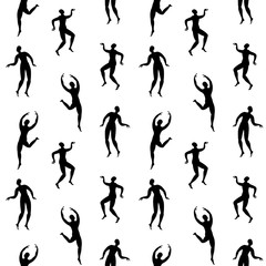 Seamless pattern with dancing people silhouettes. Black figures on white background. Vector illustration.