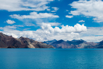 Ladakh, India - Aug 05 2019 - Pangong Lake view from Between Maan and Merak in Ladakh, Jammu and Kashmir, India. The Lake is an endorheic lake in the Himalayas situated at a height of about 4350m.
