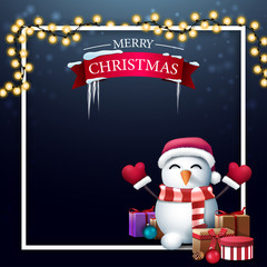 Christmas blue blank template for your arts with place for text, garland, white frame and snowman in Santa Claus hat with gifts
