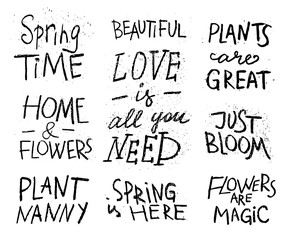 Gardening lifestyle and plants themed hand drawn inscriptions set