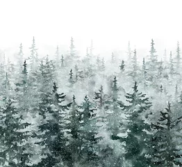  Watercolor winter pine tree forest background. Hand painted conifer spruce trees with falling snow. Nature landscape scene with trees and fog. Christmas themed design. © Anna Nekotangerine