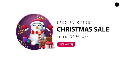 Special offer, Christmas sale, up to 30% off, white discount banner for website in minimalistic style with pink button and snowman in Santa Claus hat with gifts