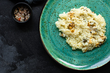 risotto mussels main course (delicious rice with seafood) menu concept. food background. top view. copy space