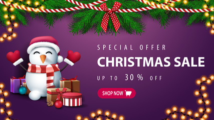 Special offer, Christmas sale, up to 30% off, purple discount banner with wreath of Christmas tree branches and snowman in Santa Claus hat with gifts near the wall