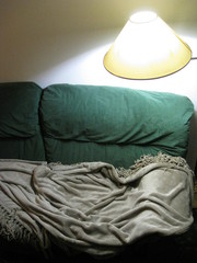 Sofá de dos cuerpos verde con manta suave para la siesta con lámpara de pie al lado con pantalla...