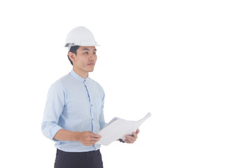 Young man architect wearing helmet and holding blueprint isolated on white background