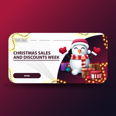 Christmas sales and discount week, white modern discount banners with rounded corners, garland and snowman in Santa Claus hat with gifts
