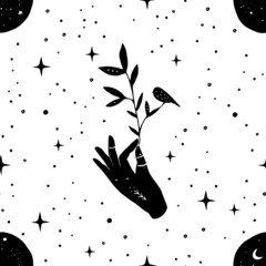 Vector seamless pattern of henna mystic mudra hands-bird, branch, moon and stars. Great for fabric, wrapping paper. Aztec stile, tribal art, ethnic collection, design isolated on white background.