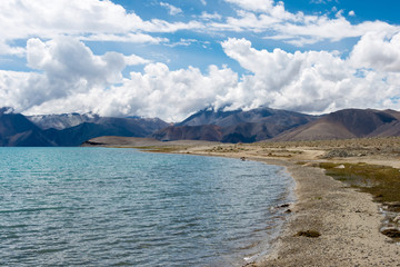 Ladakh, India -Aug 06 2019 - Pangong Lake view from Between Kakstet and Chushul in Ladakh, Jammu and Kashmir, India. The Lake is an endorheic lake in the Himalayas situated at a height of about 4350m.
