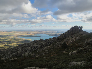 The Santillana reservoir seen from La Pedriza in the Sierra de Guadarrama National Park. Madrid's community. Spain