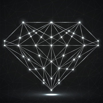Diamond with glowing lines and dots, polygonal structure. Vector illustration