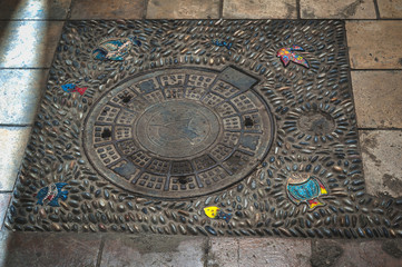 Glass decorations, glass ornaments in pavement.