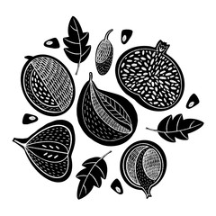 Black cartoon fruit illustration -pomegranate,pear, apple and almond isolated on white background. Great for fabric, textile, wrapping paper and card.