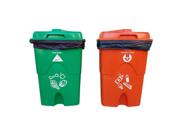 Green trash for food, orange trash for toxic waste, white background