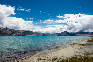 Ladakh, India -Aug 06 2019 - Pangong Lake view from Between Kakstet and Chushul in Ladakh, Jammu and Kashmir, India. The Lake is an endorheic lake in the Himalayas situated at a height of about 4350m.