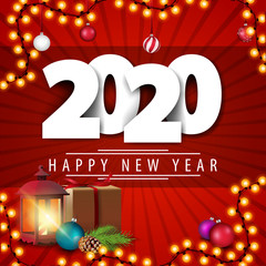 2020, happy New Year, red greeting postcard with white volumetric numbers and vintage lantern on red background