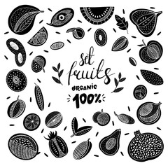 seamless pattern with fruits and vegetables. Fruits set. Hand drawn illustration of different kinds of fruits design elements isolated on white background.Detailed organic food template for menu.
