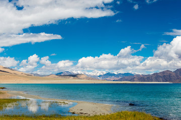 Ladakh, India -Aug 06 2019 - Pangong Lake view from Between Kakstet and Chushul in Ladakh, Jammu and Kashmir, India. The Lake is an endorheic lake in the Himalayas situated at a height of about 4350m.