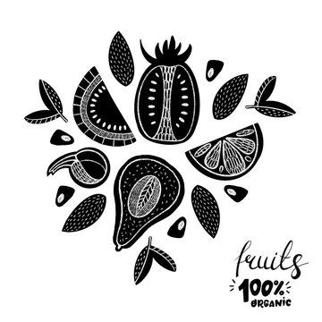 Black cartoon fruit illustration -pomegranate,pear, apple and almond isolated on white background. Great for fabric, textile, wrapping paper and card.