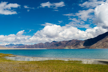 Ladakh, India -Aug 06 2019 - Pangong Lake view from Between Kakstet and Chushul in Ladakh, Jammu and Kashmir, India. The Lake is an endorheic lake in the Himalayas situated at a height of about 4350m.