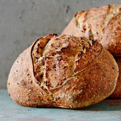 Homemade Freshly Baked Country Bread  made from wheat and whole grain flour on a gray-blue background. French Freshly baked bread.