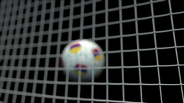 Ball with flags of Colombia hits goal. 3D animation